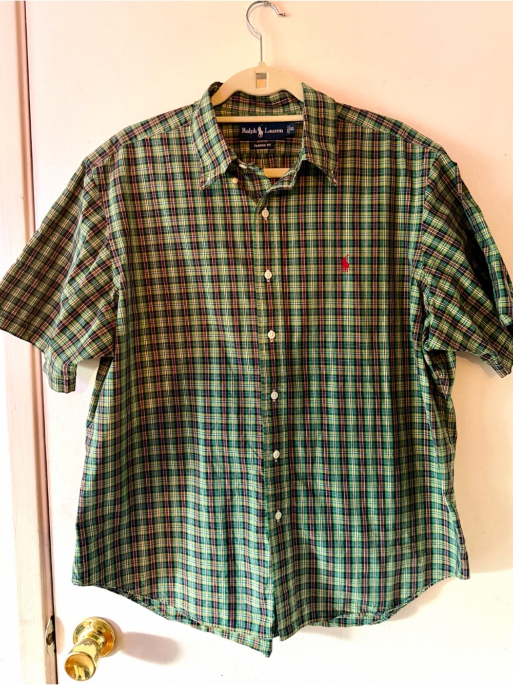 Ralph Lauren Short-Sleeve Green Plaid Button-Down Shirt with Red Pony
